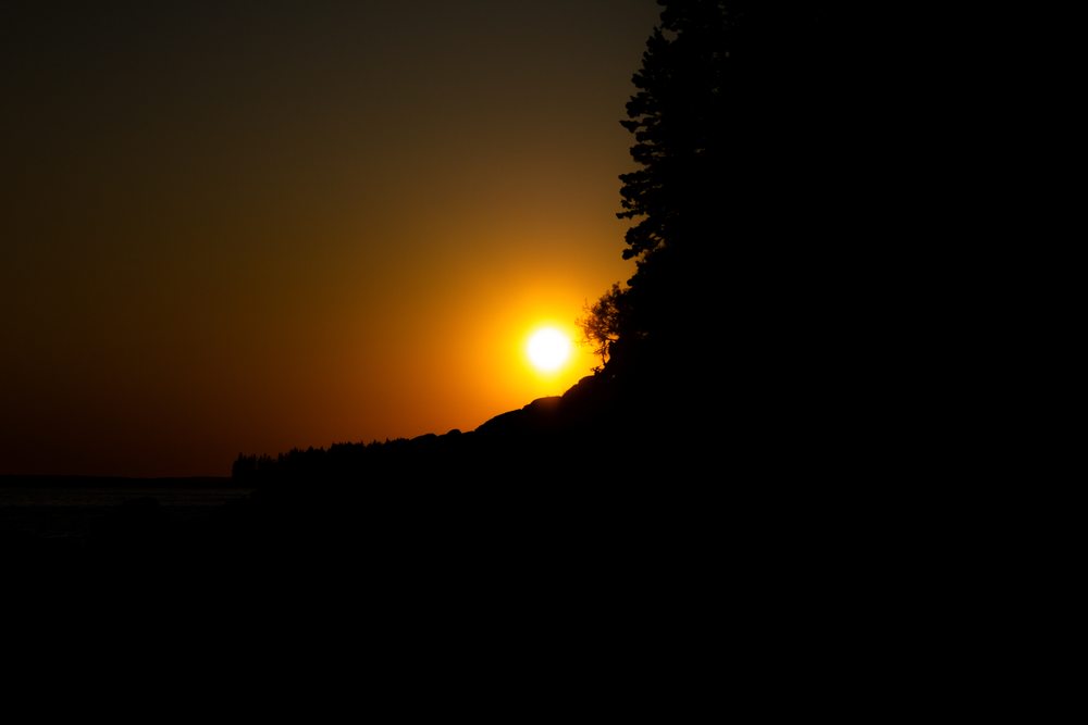 The setting sun glows beside a dark, tree-lined coast beneath an orange sky.